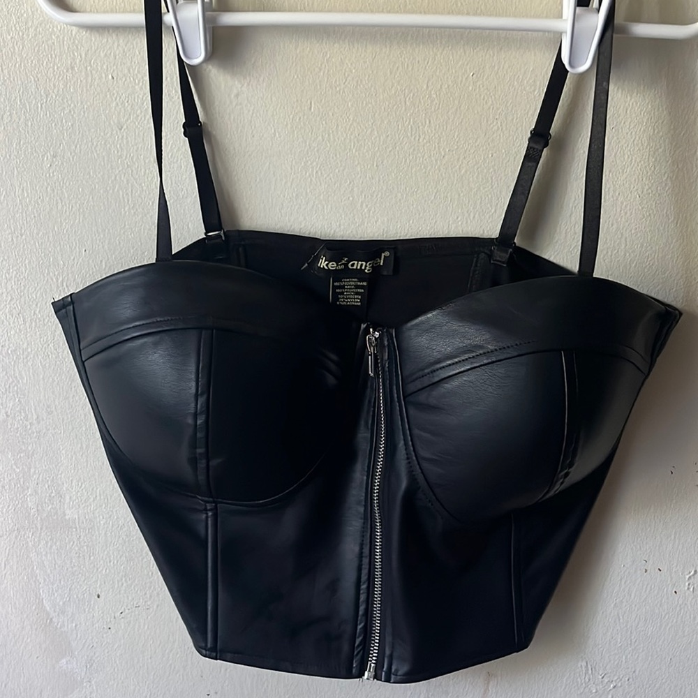 Black leather crop top ,great support, amazing with a high waisted skirt